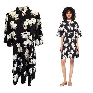 Kate Spade Posey Black Floral Swing Dress Size 8 Bell Sleeve Mock Neck A-Line
